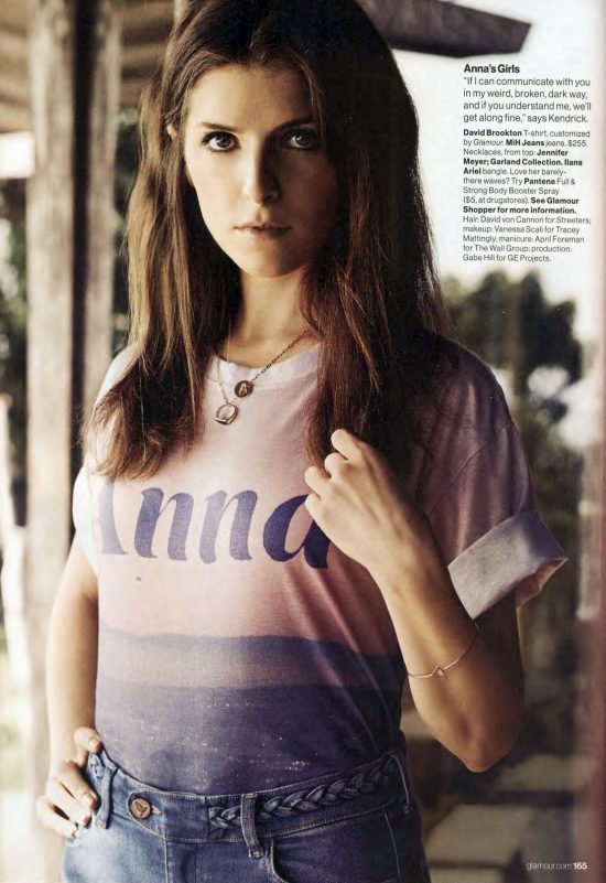 Anna Kendrick wearing a custom shirt by David Brookton for Glamour Magazine, 2015.